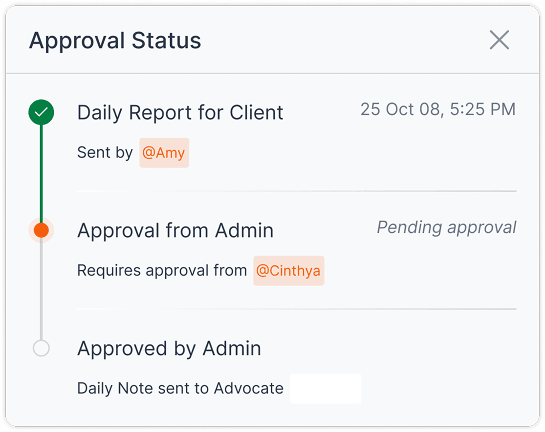 Approval status timeline with completed and pending steps