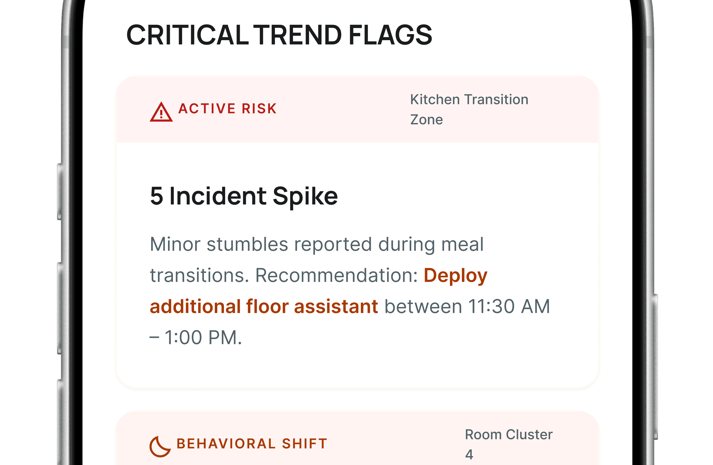 Mobile app showing critical trend flags and caregiver guidance
